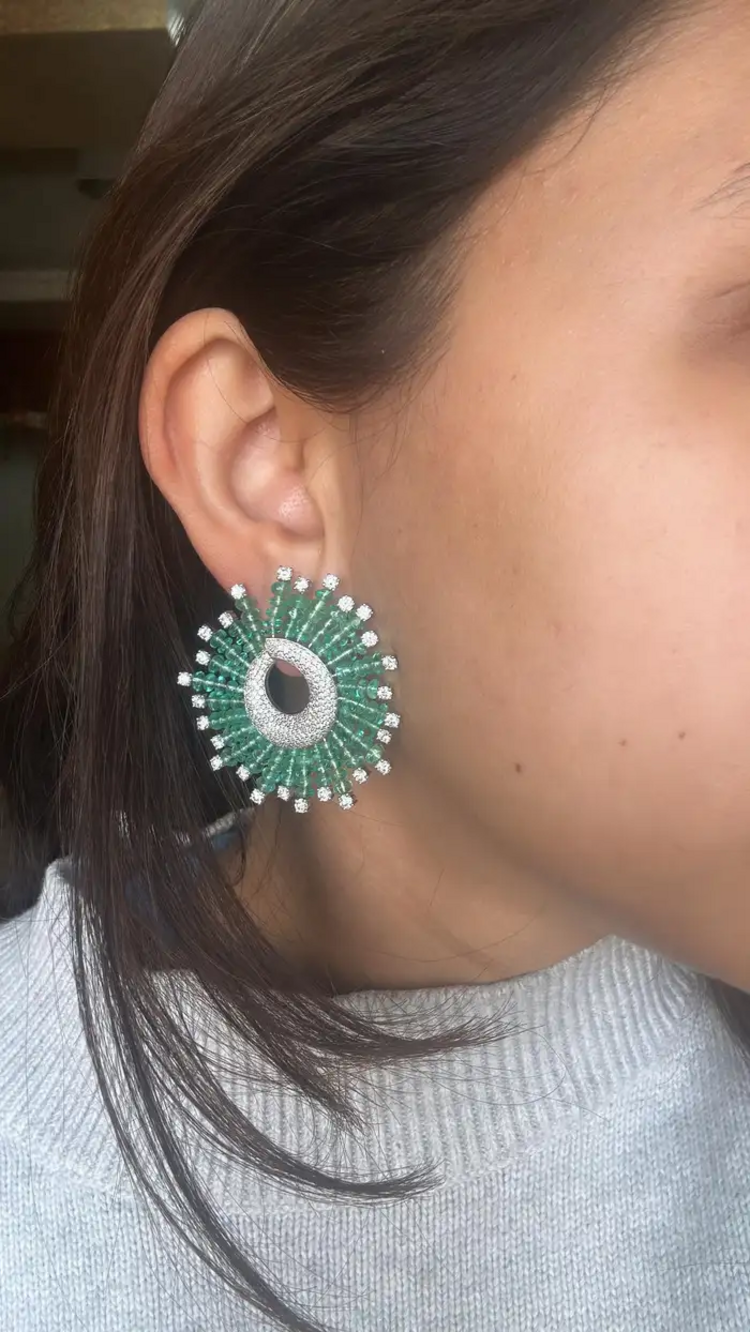 Natural Zambian Emerald Beads Earrings - 18k White Gold Diamond Stud Hoop Wedding Earrings