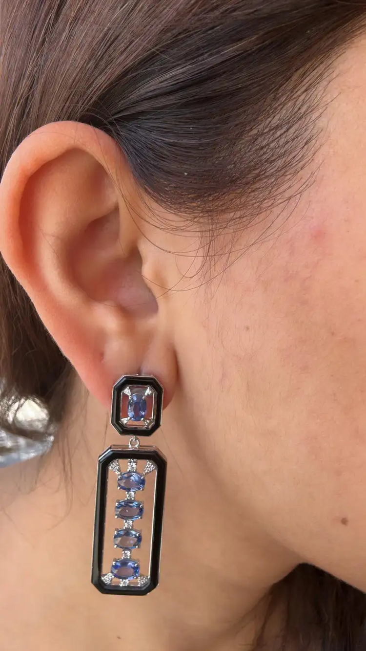 5.59 Ct. Oval Cut Ceylon Blue Sapphire 18k White Gold Earrings - Natural Diamond & Black Onyx Dangle Earrings