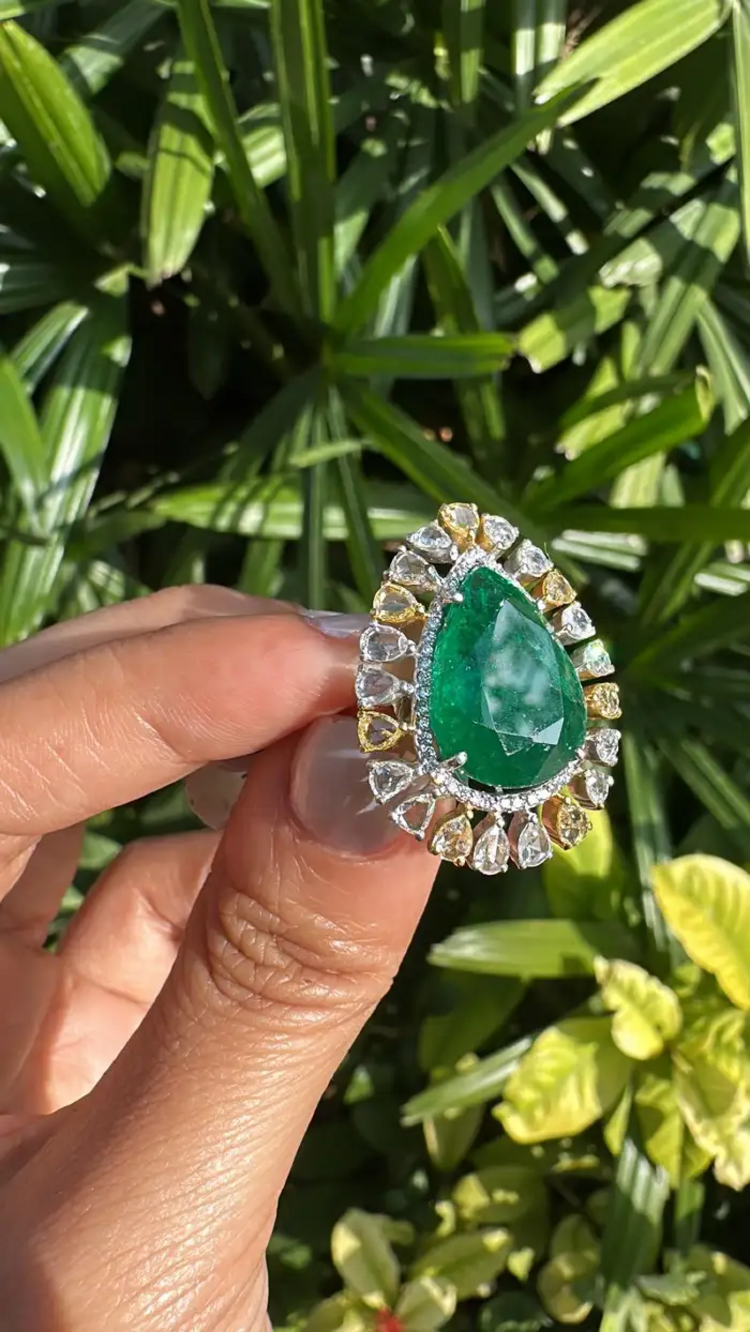 18k Two Tone Gold Ring - Natural Pear Shape Zambian Emerald & Diamond Ring