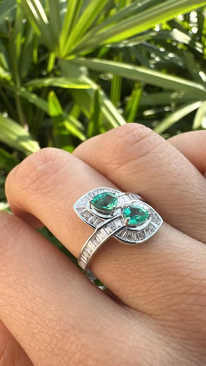 18k White Gold Tapered Baguette Diamonds Engagement Ring - Natural Pear Shape Zambian Emerald Wedding Ring