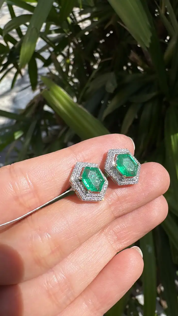 Natural Zambian Emerald Stud Earrings - 18k White Gold Diamond Tiny Stud Earrings