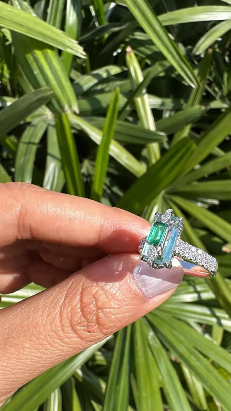 Natural Aquamarine & Zambian Emerald Engagement Ring - 18k White Gold Handmade Ring
