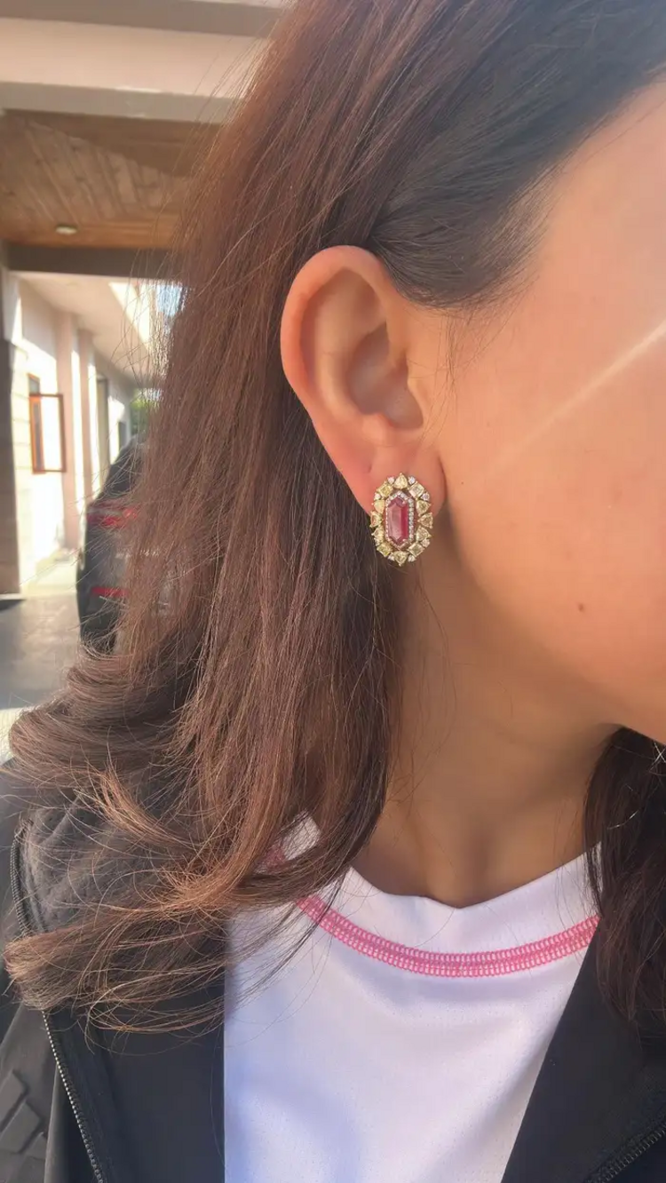 18k Rose Gold Yellow Diamond Stud Earrings - Natural Mozambique Ruby Tiny Earrings