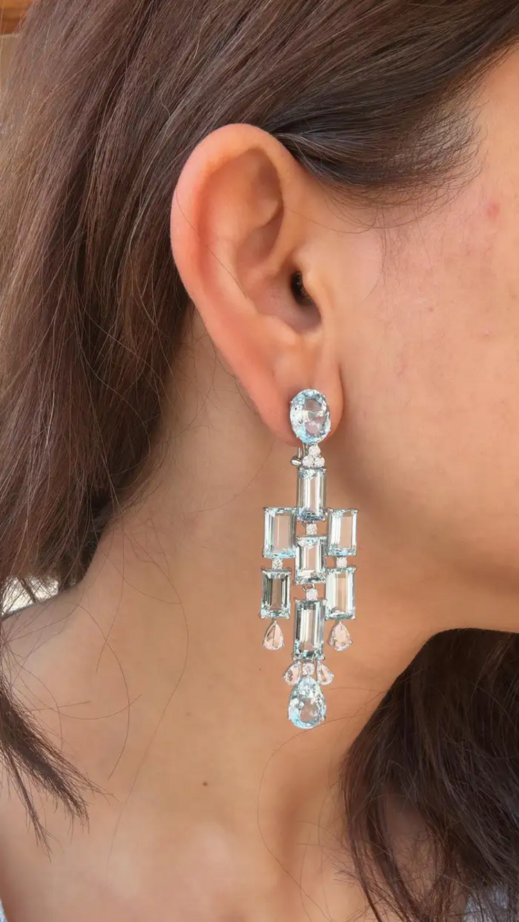 Natural Aquamarine Gemstone Chandelier Earrings - 18k White Gold Diamond Handmade Dangle Earrings
