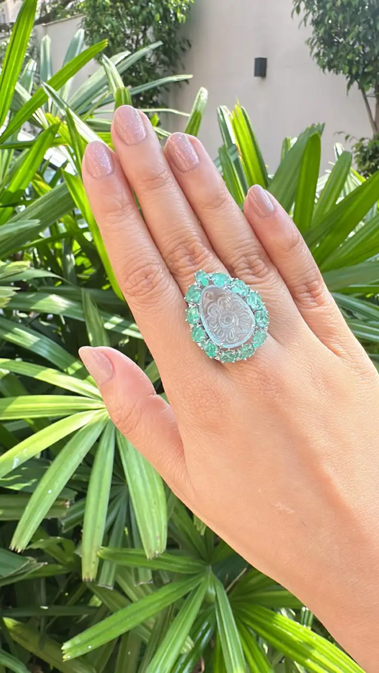 Carved Aquamarine & Zambian Emerald Cocktail Ring - 18k White Gold Handmade Diamond Ring