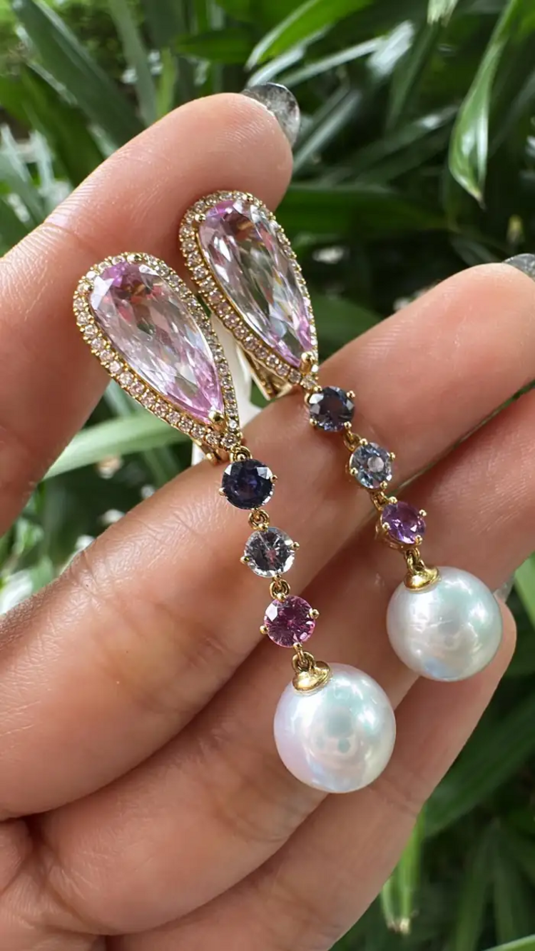 14.32 carat, Kunzite, Multi Sapphire, South Sea Pearl & Diamonds Dangle Earrings