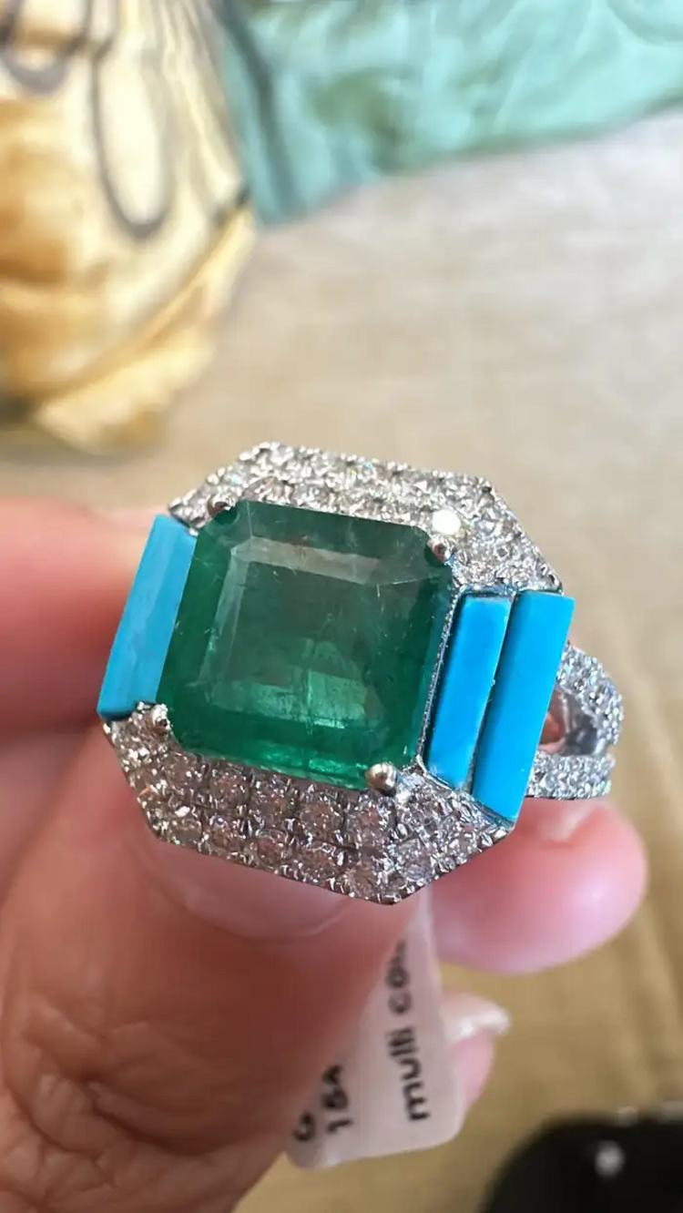 18k White Gold, Zambian Emerald, Natural Turquoise & Diamonds Engagement Ring