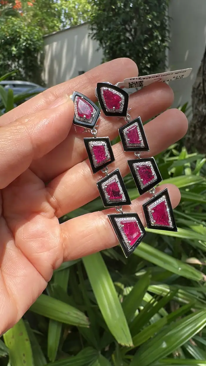 18k White Gold Diamond Dangle Women Earrings - Natural Mozambique Ruby & Black Onyx Statement Earrings