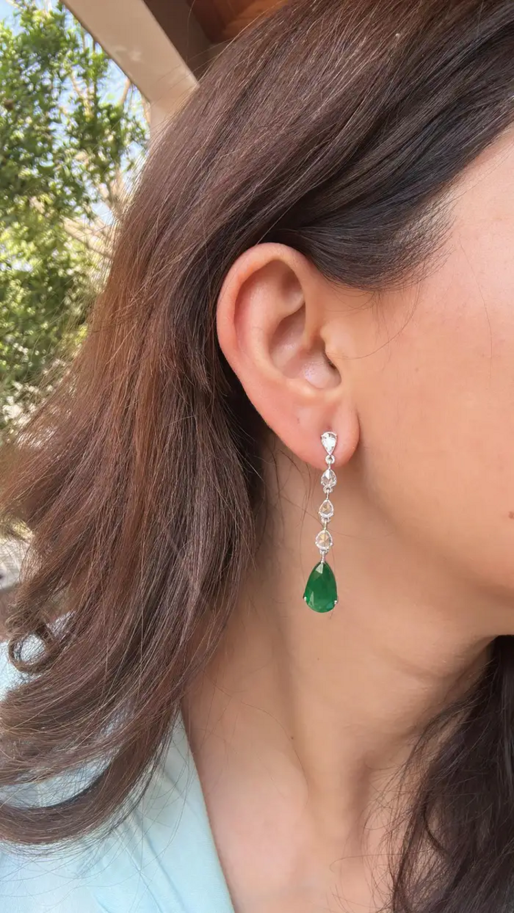 18k White Gold Diamond Dangle Earrings - Natural Pear Shape Zambian Emerald Earrings - Rose Cut Diamonds Earrings