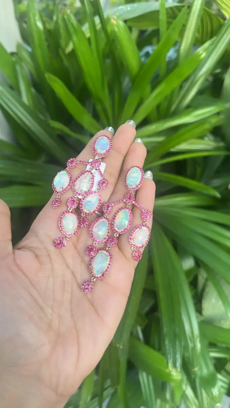 Ethiopian Opal & Mozambique Ruby Chandelier Earrings - 18k Gold Diamond Dangle Earrings