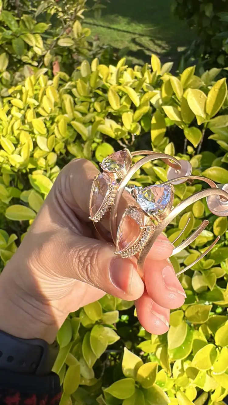 18k Yellow Matte Gold Hoop Earrings - Natural Morganite & Diamond Earrings