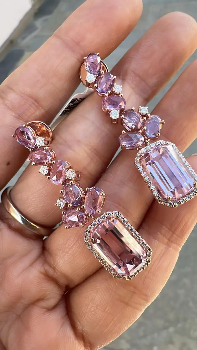 18k Rose Gold Kunzaite Gemstone Dangle Earrings - Natural Diamond & Pink Sapphire Wedding Earrings