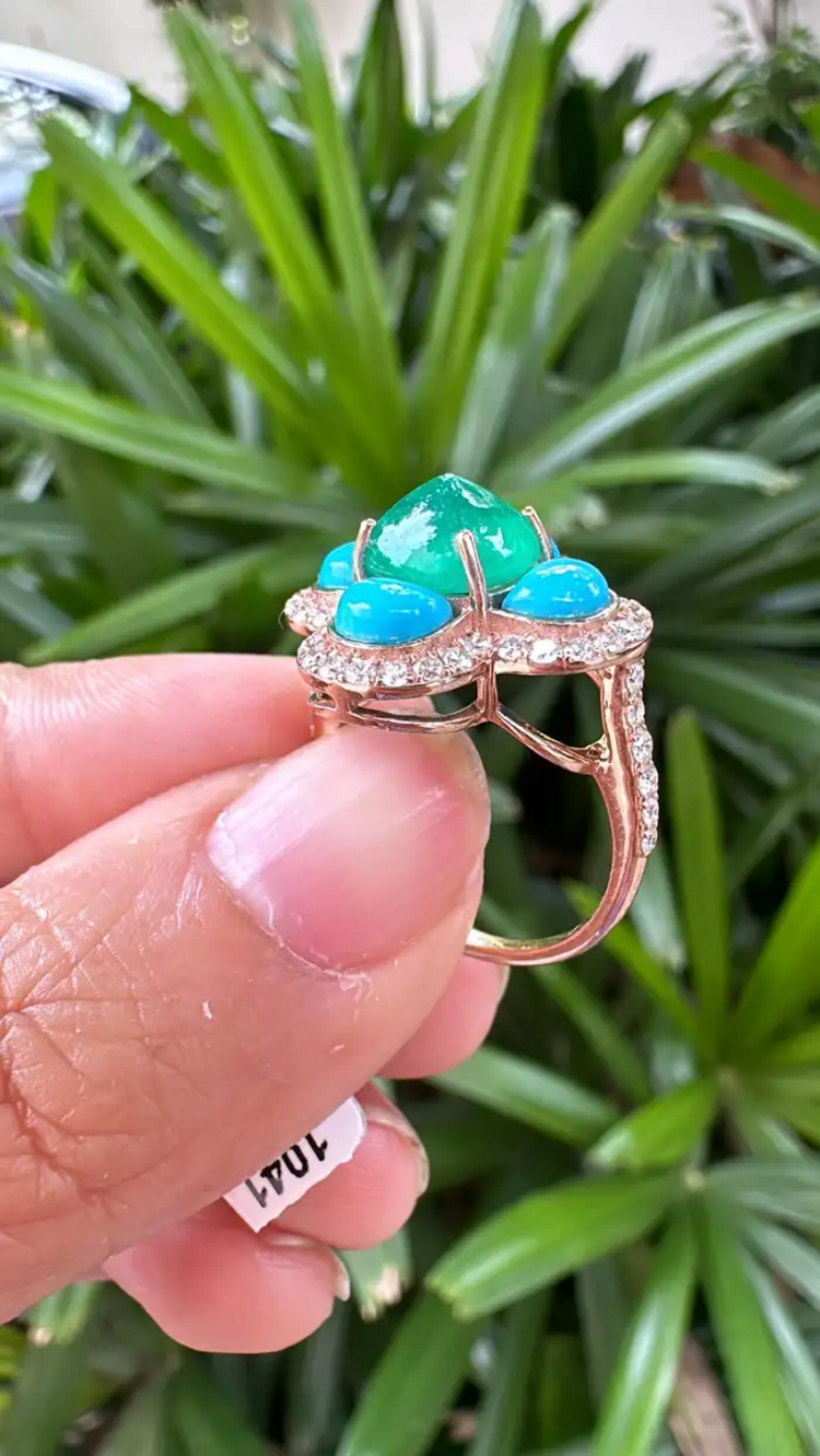 18k Rose Gold Diamond Handmade Ring With Natural Zambian Emerald & Turquoise