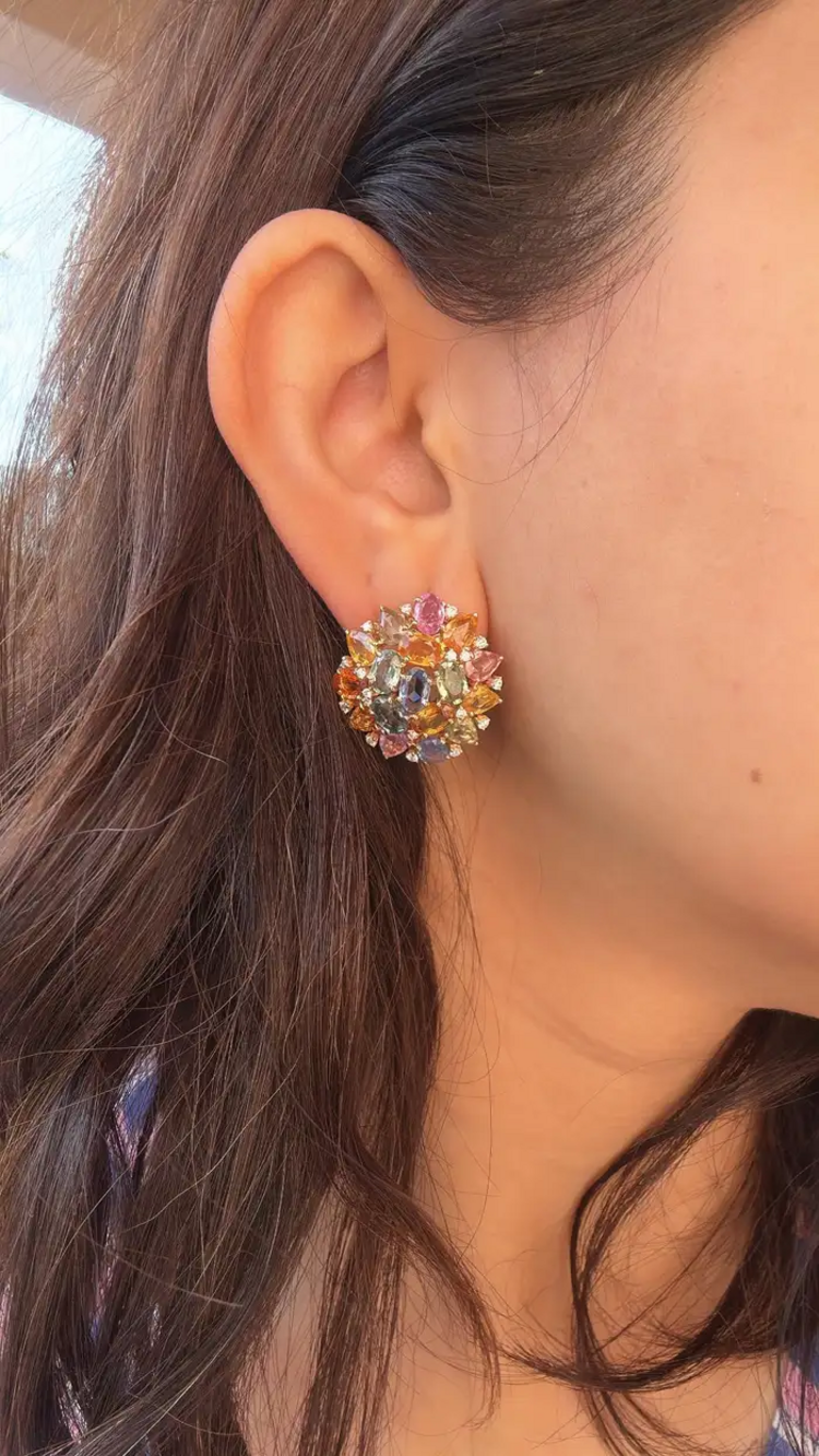 Ceylon Multi Sapphire & Diamond Stud Earrings - Handmade 18k Gold Diamond Women Earrings
