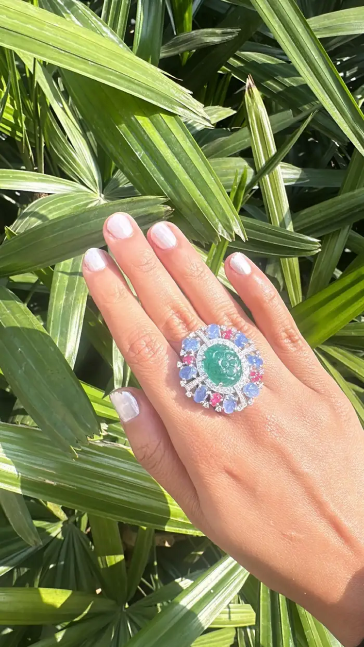 18k White Gold Handmade Cocktail Ring - Carved Emerald, Blue Sapphire & Ruby Statement Ring - Gold Diamond Women Ring