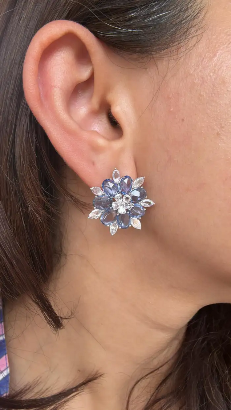 18k White Gold Rose Cut Diamond Stud Earrings - Natural Blue Sapphire Gemstone Earrings