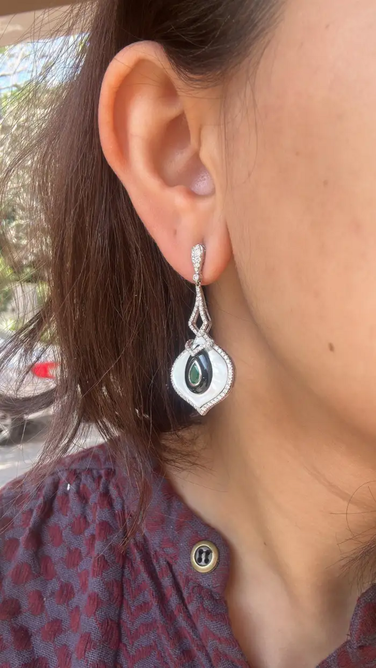 18k White Gold Zambian Emerald Dangle Earrings - Natural Diamond, Black Onyx & Pearl Wedding Earrings