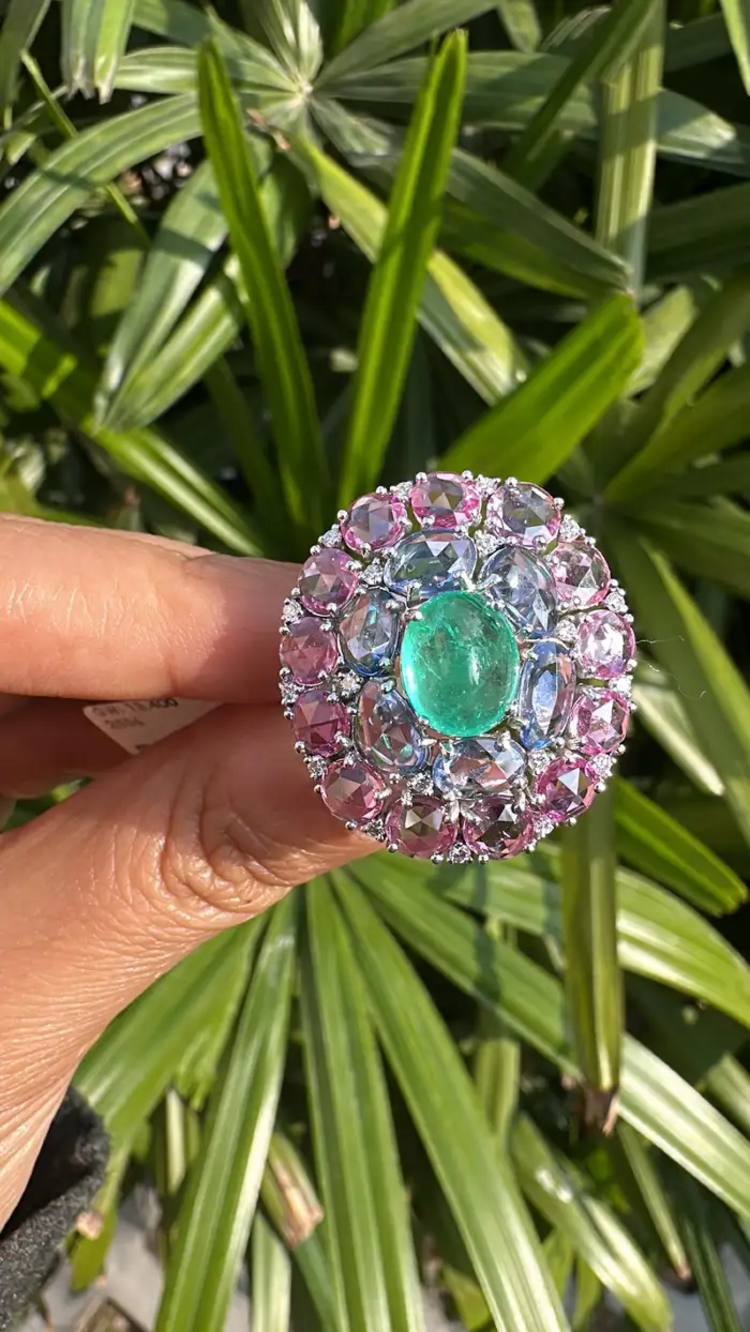 Colombian Emerald & Diamond Cocktail Ring - 18k White Gold Pink & Blue Sapphire Statement Ring