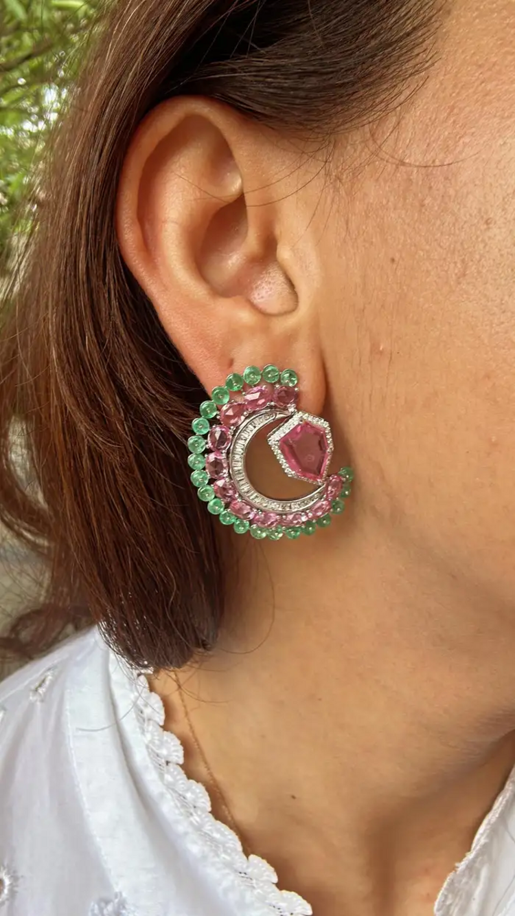 11.33 Ct. Pink Sapphire & Emerald Gemstone Stud Earrings - 18k White Gold Diamond Earrings