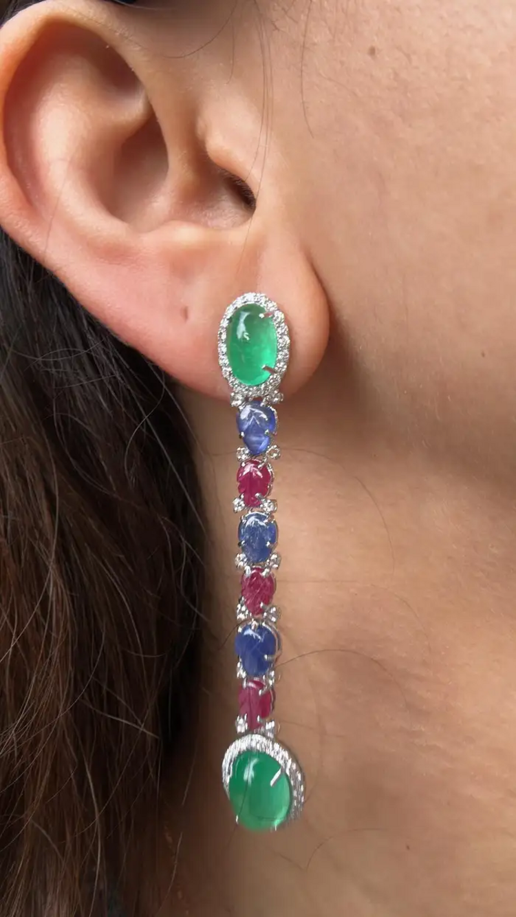Natural Colombian Emerald & Carved Ruby Gemstone Dangle Earrings - 18k White Gold Diamond Earrings