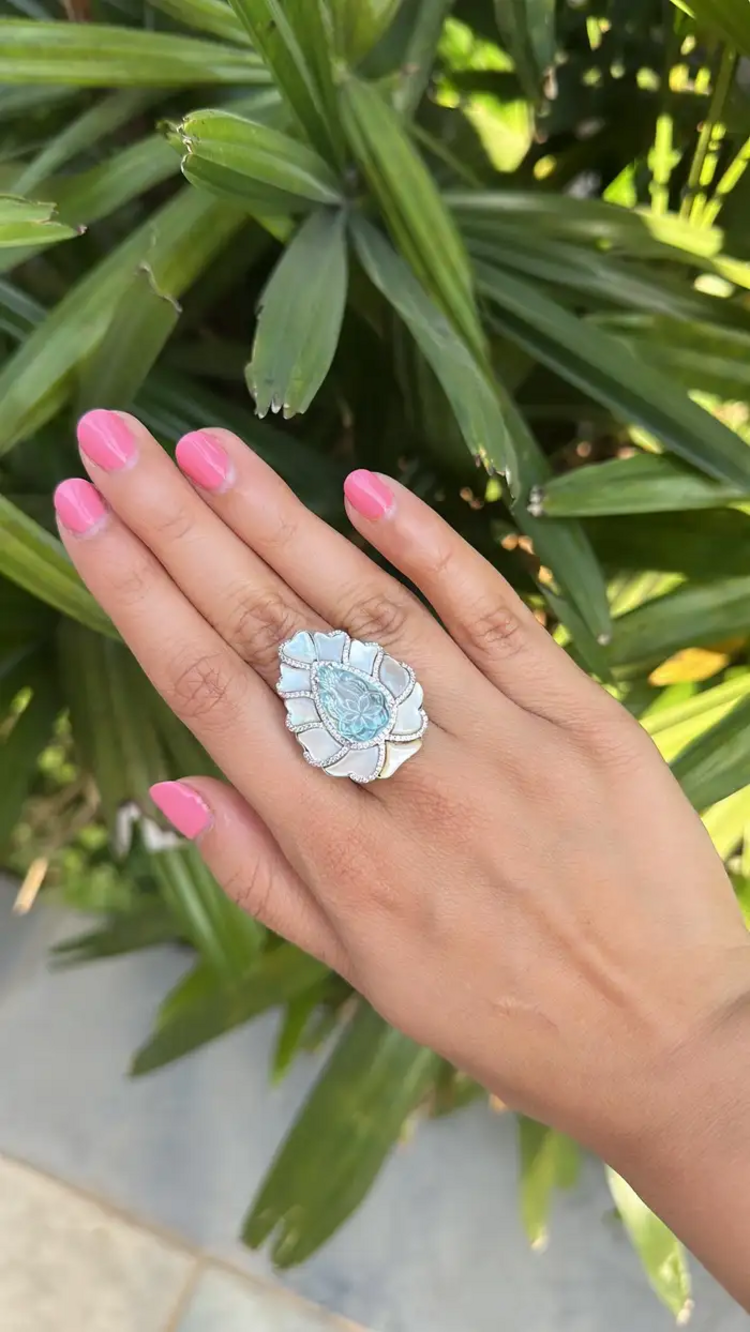 18k White Gold Diamond Statement Ring - Carved Aquamarine & Pearl Cocktail Ring