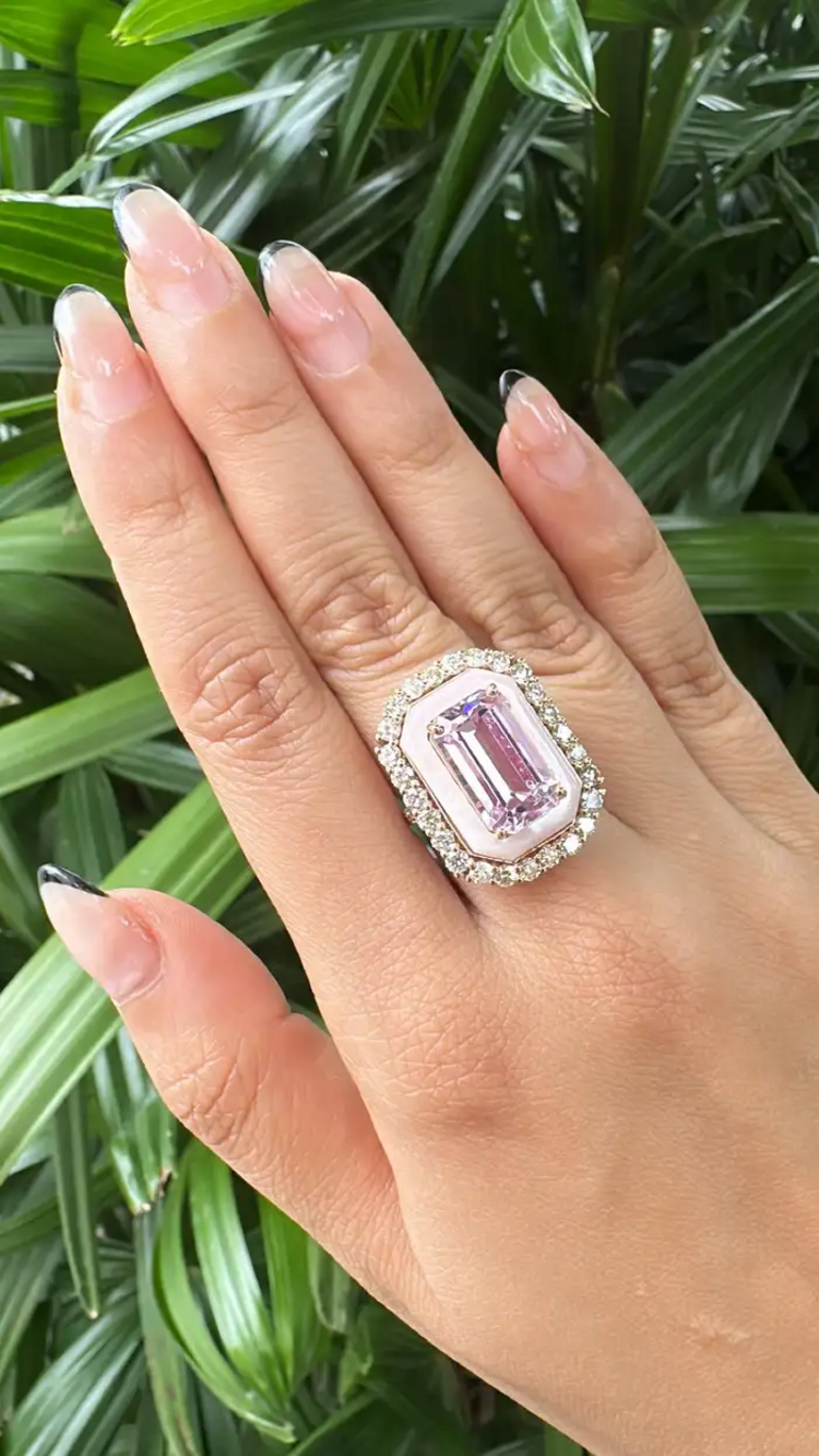 18k Rose Gold Diamond Handmade Ring - Natural Kunzite & Mother Of Pearl Cocktail Ring
