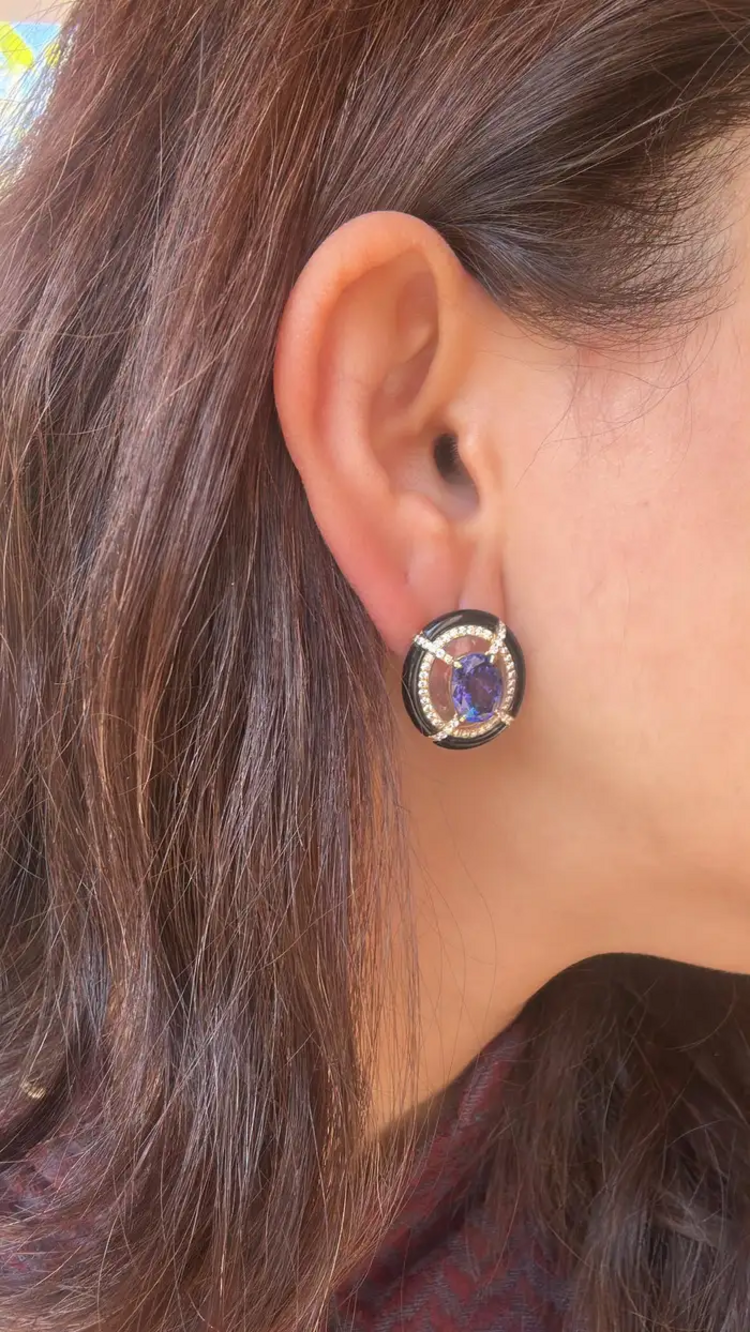 18k Gold Diamond & Tanzanite Gemstone Stud Earrings - Rock crystal & Black Onyx Earrings