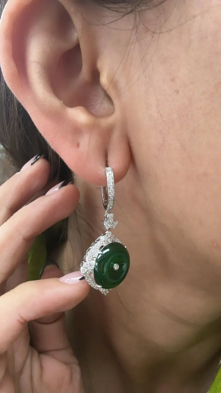 18k White Gold HKJSL Certified, Fei Cui Jade & Diamonds Dangle Earrings