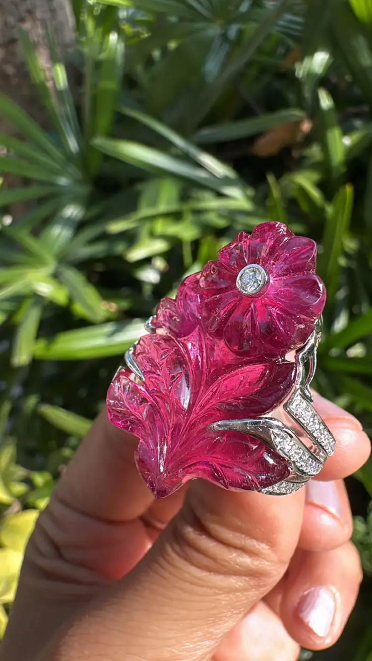 33.00 Ct. Carved Tourmaline Ring - 18k Gold Diamond Big Ring - Gemstone Floral Ring