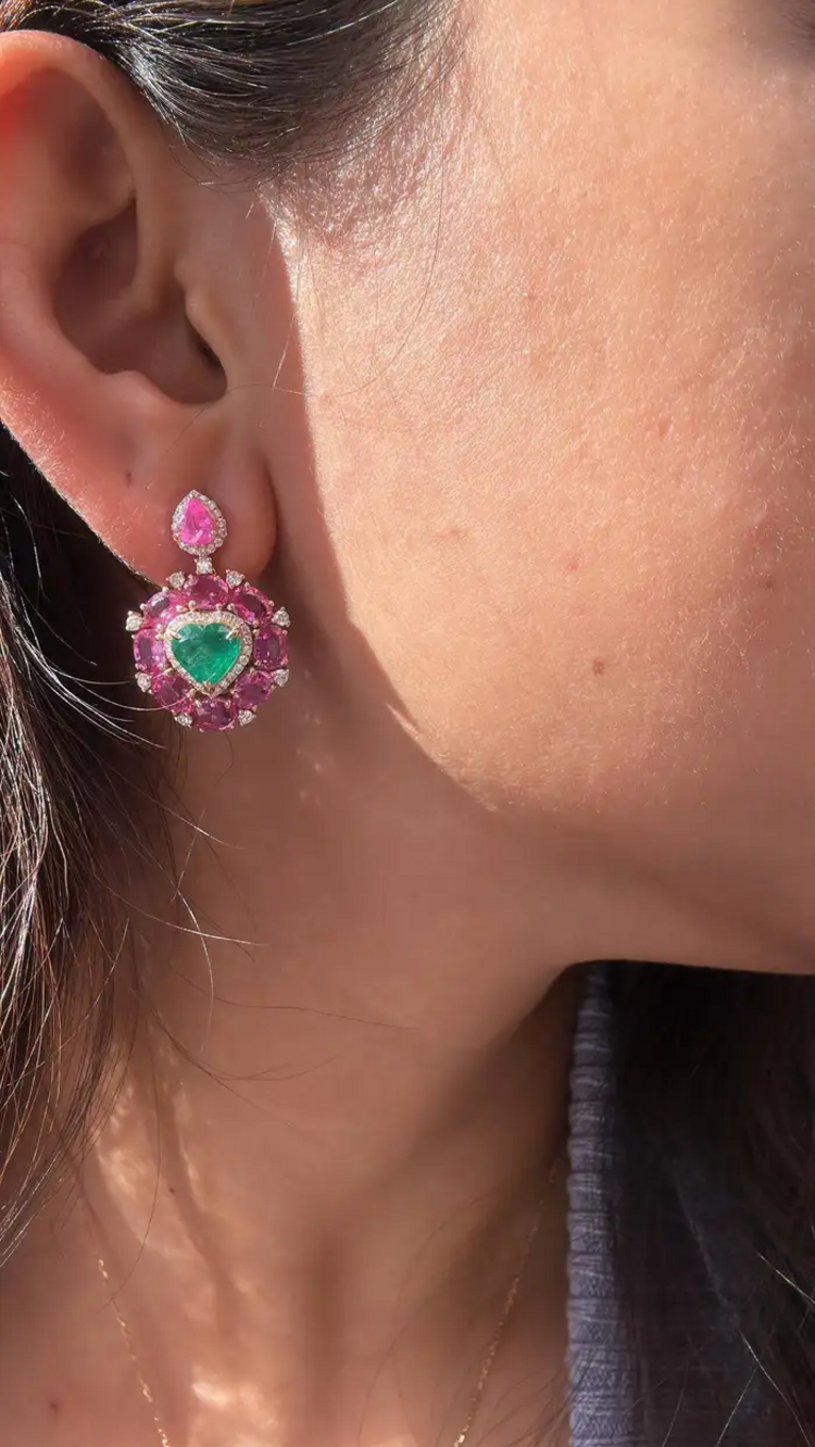 Heart Shape 8.95 Ct. Zambian Emerald Earrings - 18k Rose Gold Diamond Dangle Earrings - Natural Pink Sapphire Earrings