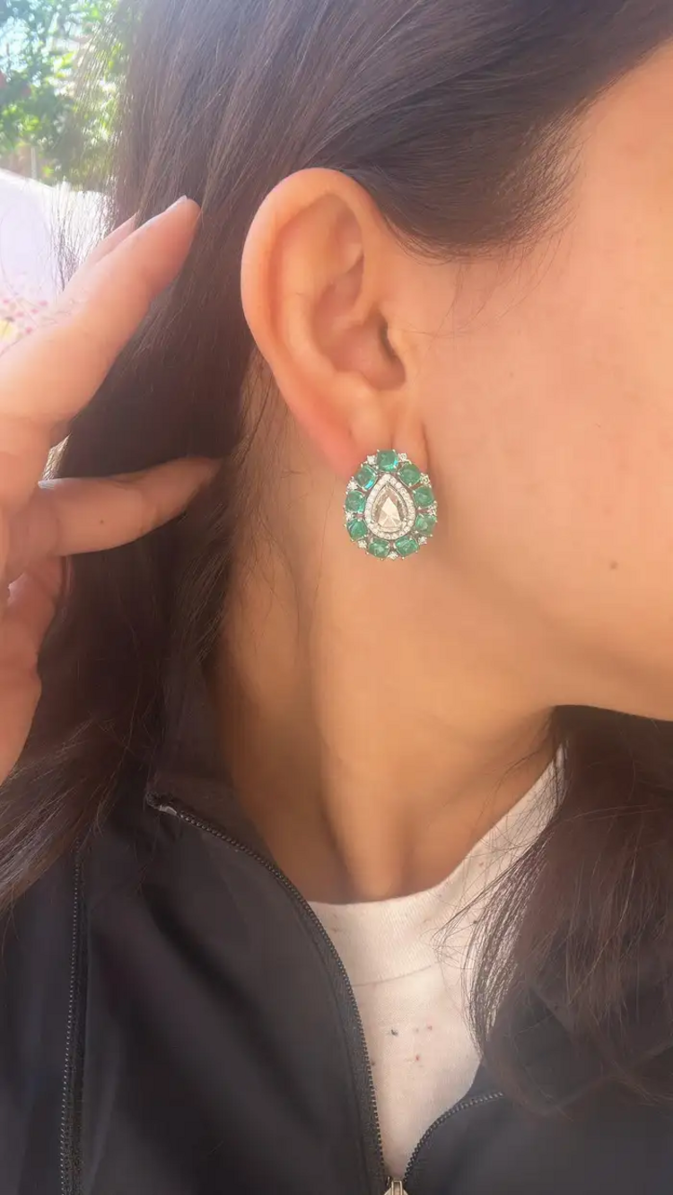 Colombian Emerald Sugarloaf & Rose Cut Diamond Stud Earrings - 18k White Gold Handmade Tiny Earrings