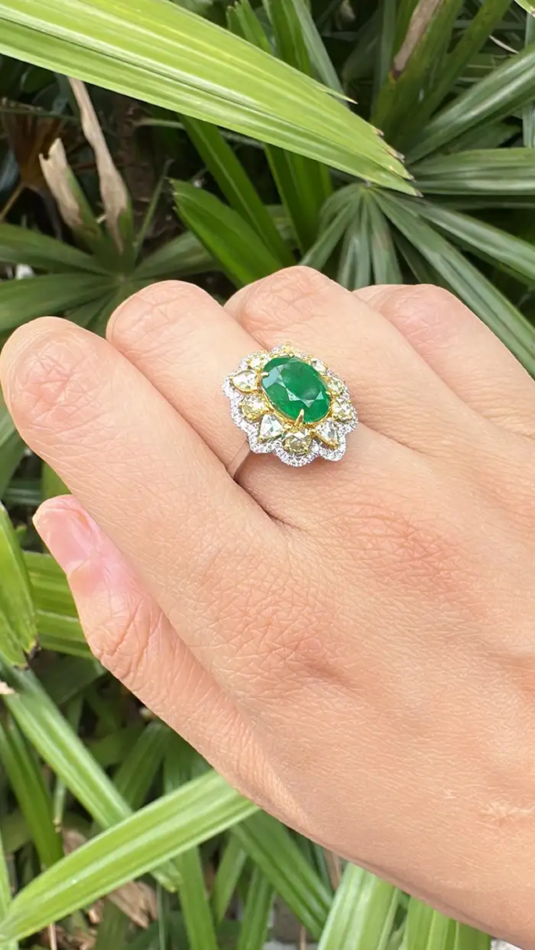 Natural Zambian Emerald Cocktail Ring - Solid 18k White Gold Yellow Diamond Wedding Ring