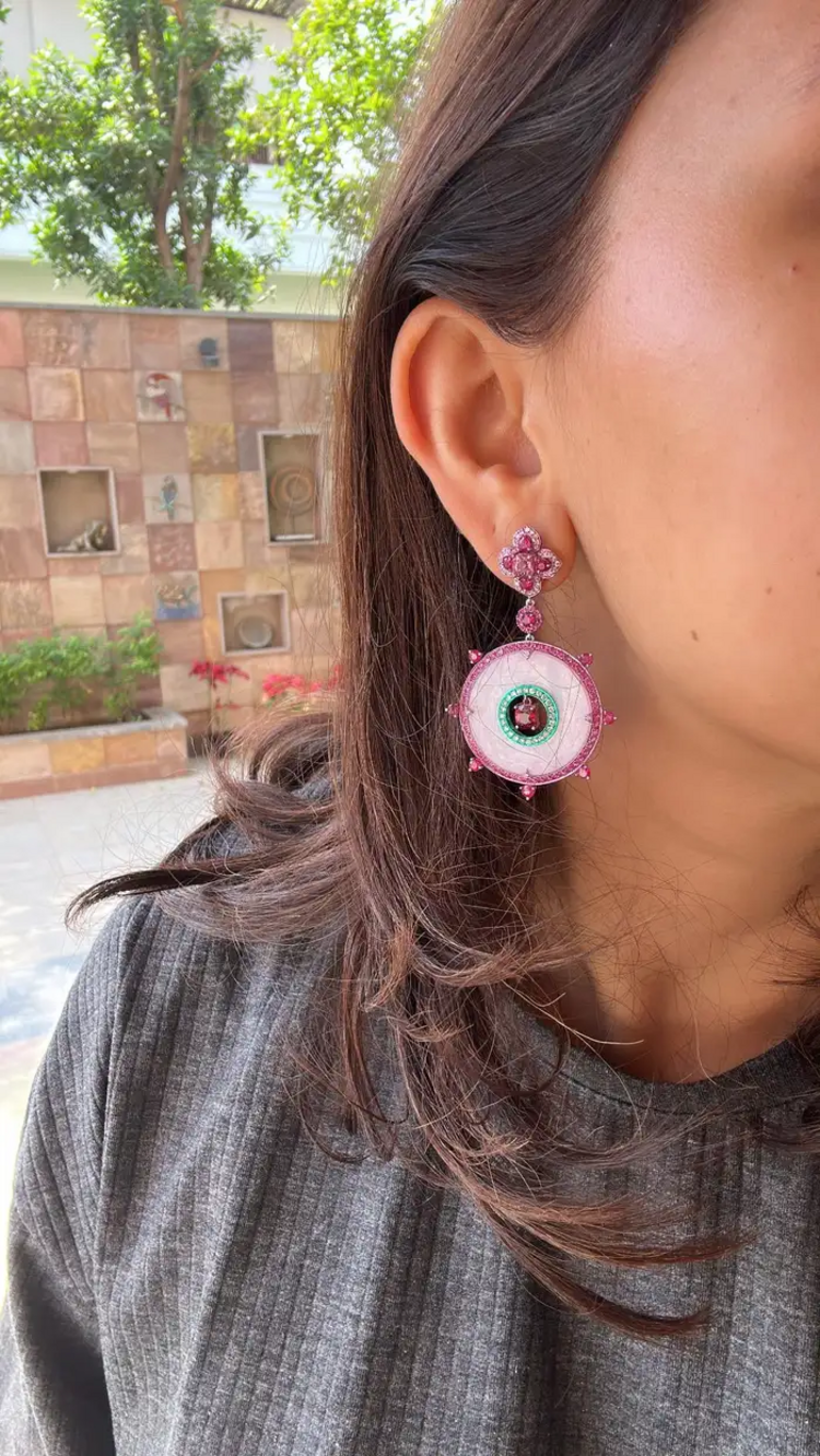 18k White Gold Handmade Diamond Dangle Earrings - Natural Spinel, Ruby, Pink Sapphires, Lavender Jade Earrings
