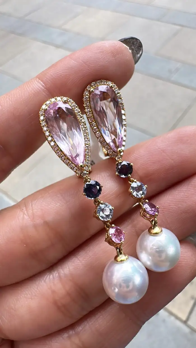 14.32 carat, Kunzite, Multi Sapphire, South Sea Pearl & Diamonds Dangle Earrings