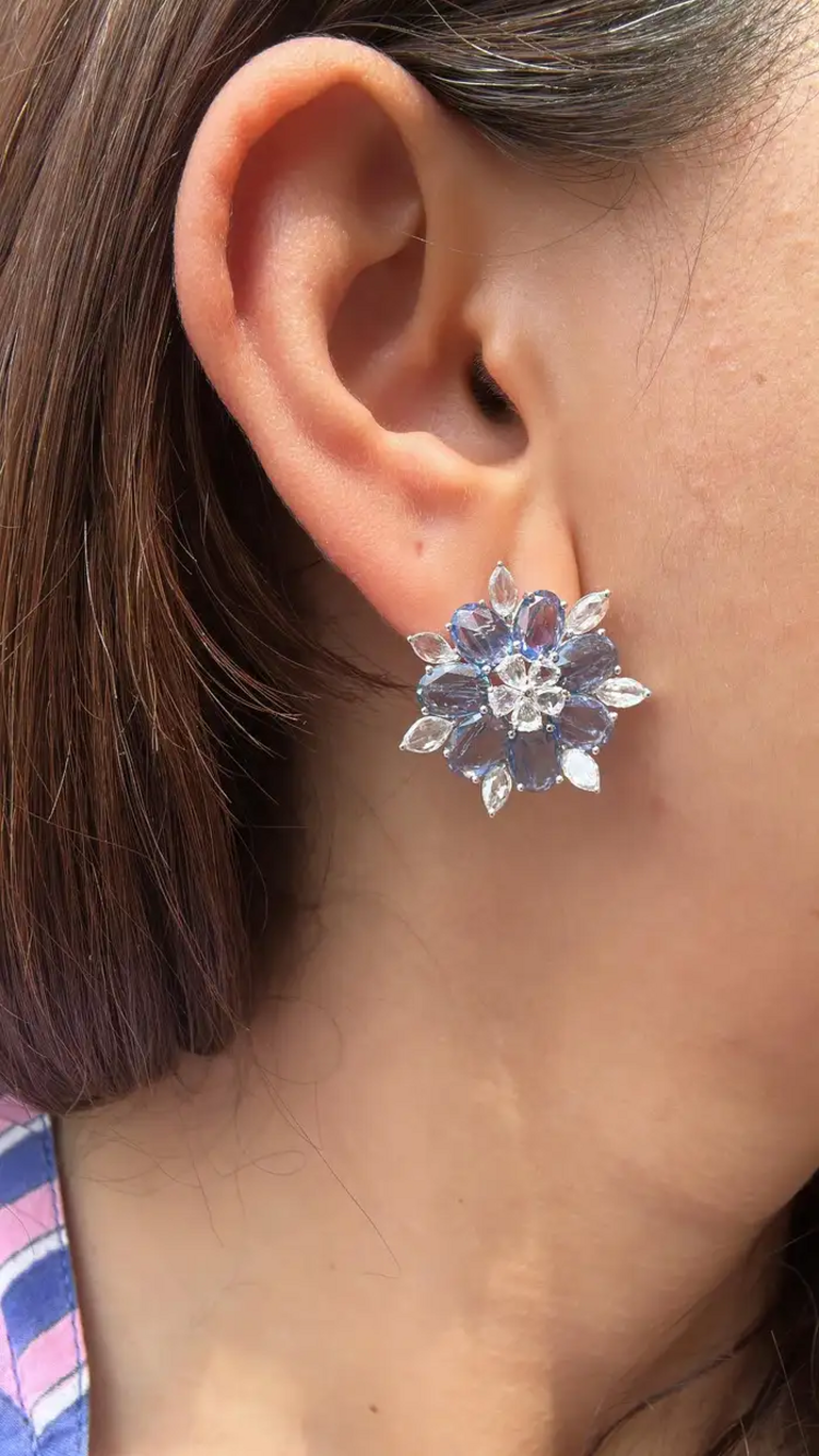 18k White Gold Rose Cut Diamond Stud Earrings - Natural Blue Sapphire Gemstone Earrings