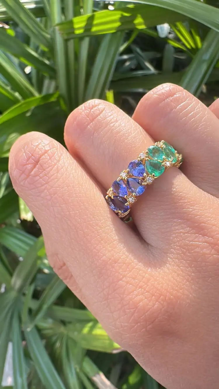 Natural Pink Sapphire, Zambian Emerald & Tanzanite Band Ring - 18k Yellow Gold Diamond Wedding Ring