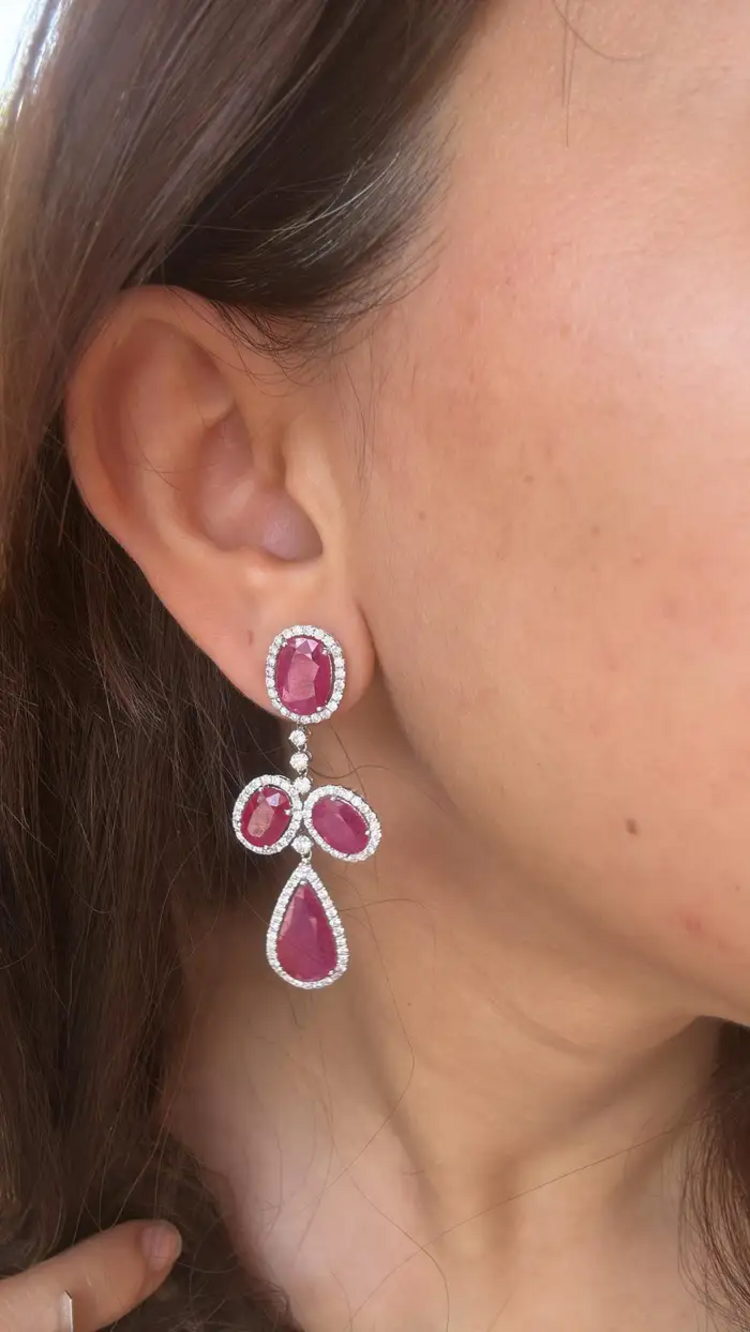 18k White Gold Diamond Dangle Earrings - Natural Mozambique Ruby Gemstone Wedding Earrings