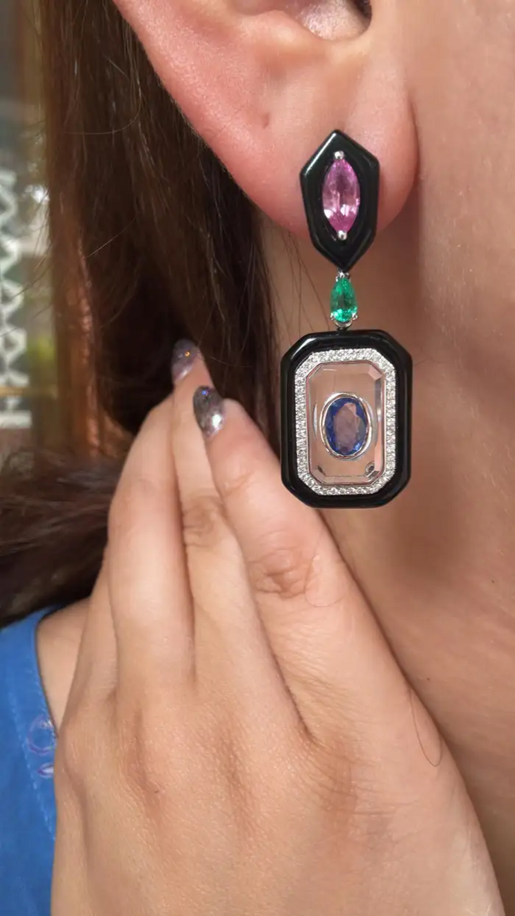 18k White Gold Diamond Dangle Earrings - Natural Emerald, Sapphire, Black Onyx & Crystal Earrings