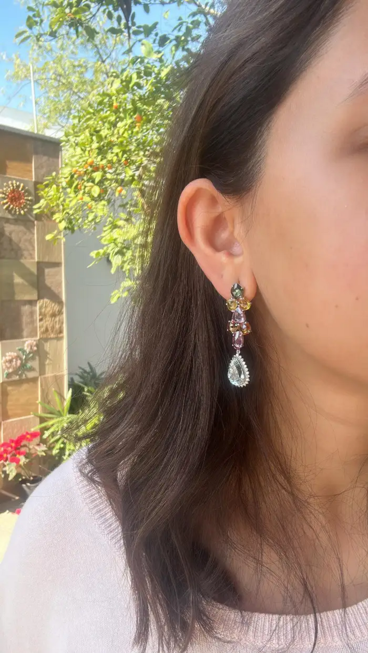 Natural Multi Sapphire & Pear Shape Aquamarine Gemstone Dangle Earrings - 18k White Gold Diamond Earrings