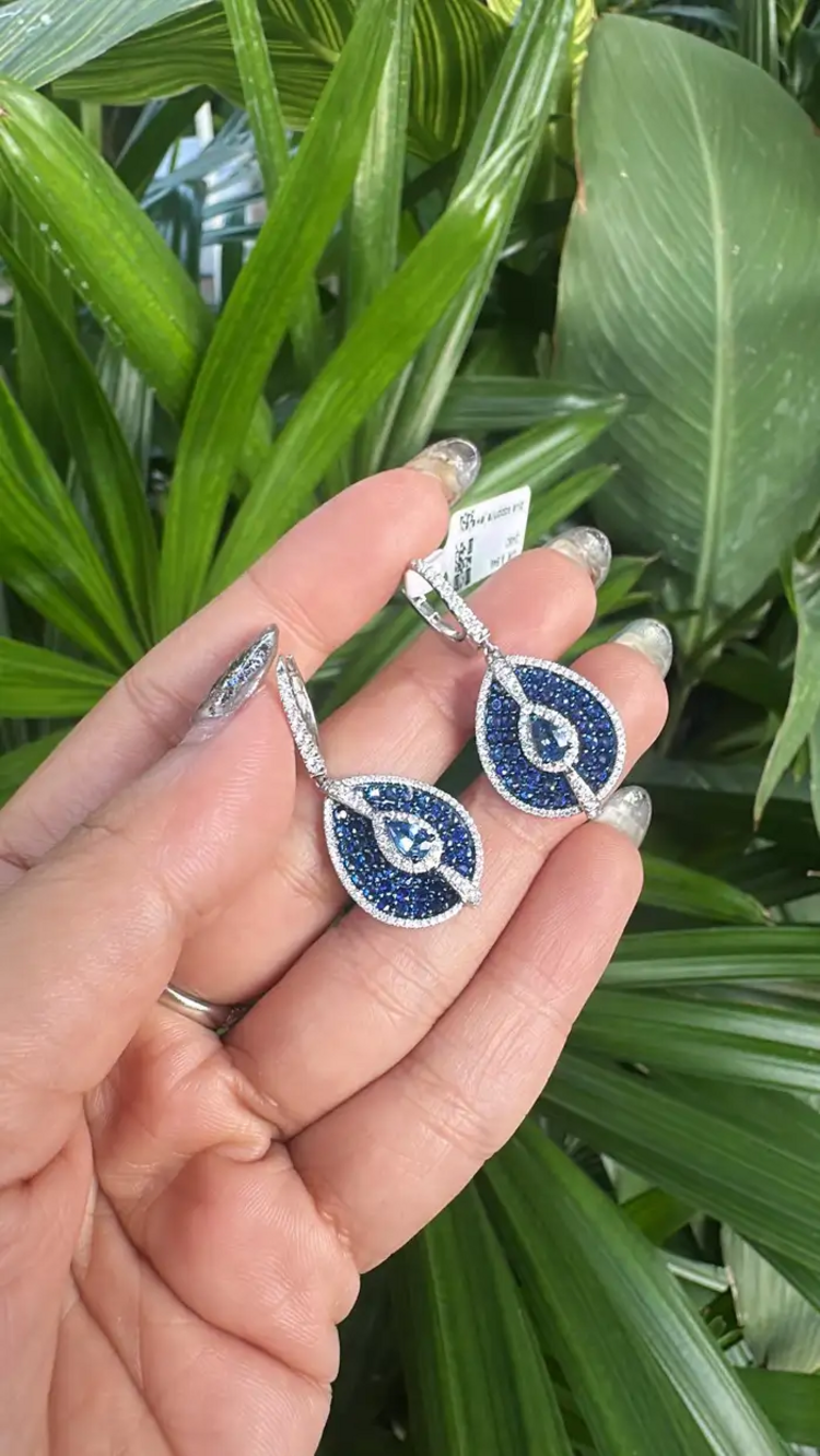 Natural Blue Sapphire & Diamond Earrings - 18k White Gold Handmade Dangle Earrings