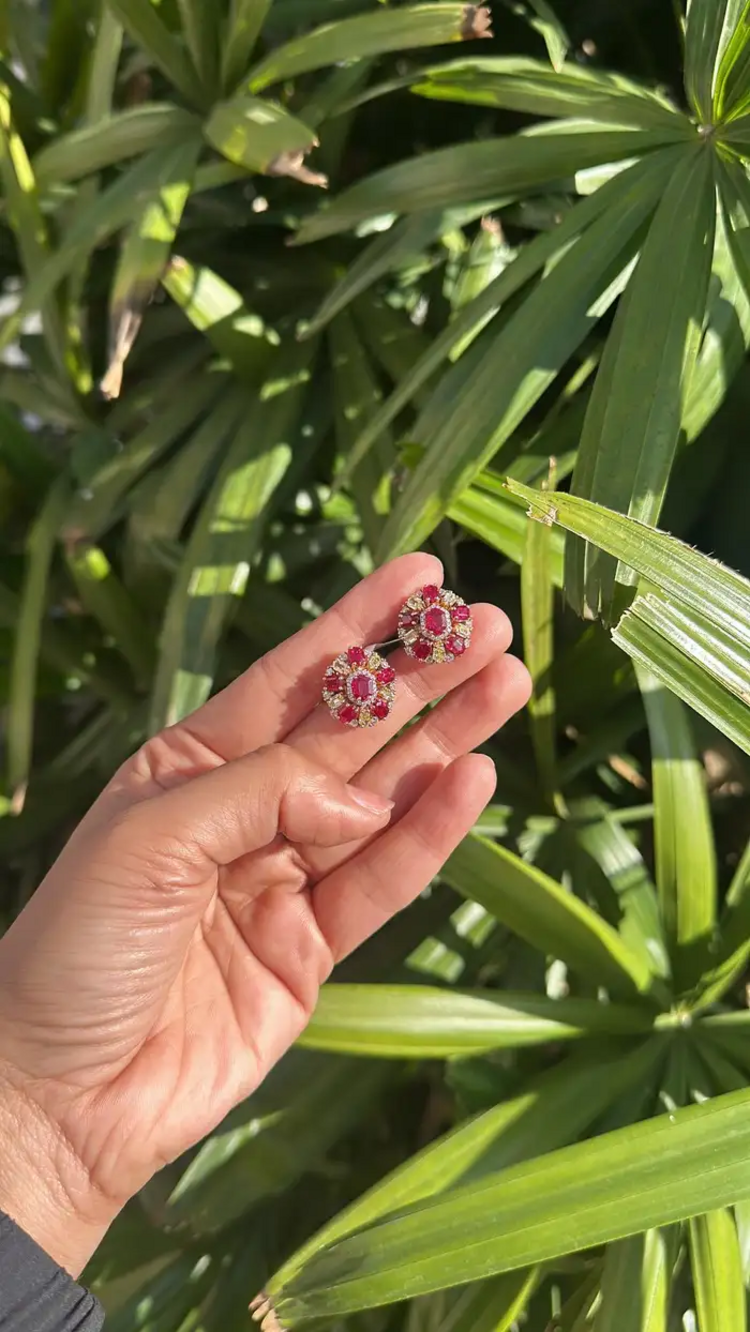 Mozambique Ruby & Yellow Diamond Stud Earrings - 18k Yellow Gold Diamond Stud Earrings