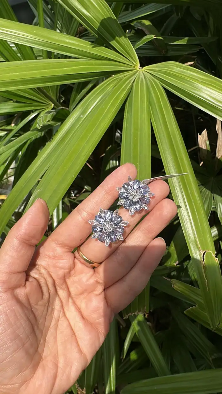 18k White Gold Rose Cut Diamond Stud Earrings - Natural Blue Sapphire Gemstone Earrings