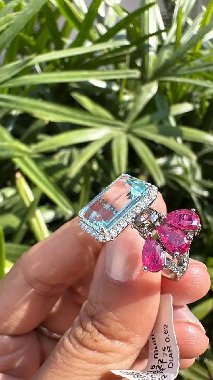 18k White Gold Brown Diamond Cuff Ring - Natural Aquamarine & Ruby Engagement Ring