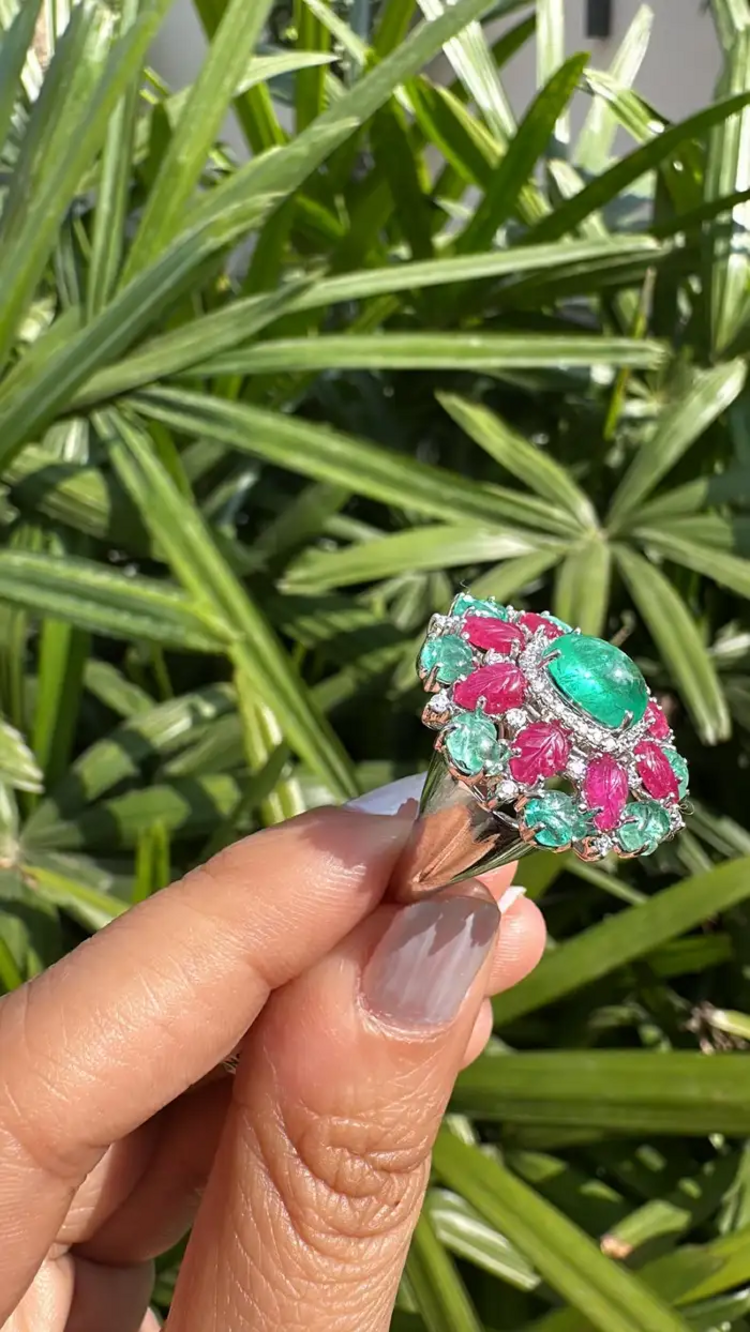 18k White Gold Carved Emerald & Ruby Gemstone Ring - Natural Colombian Emerald Cocktail Ring