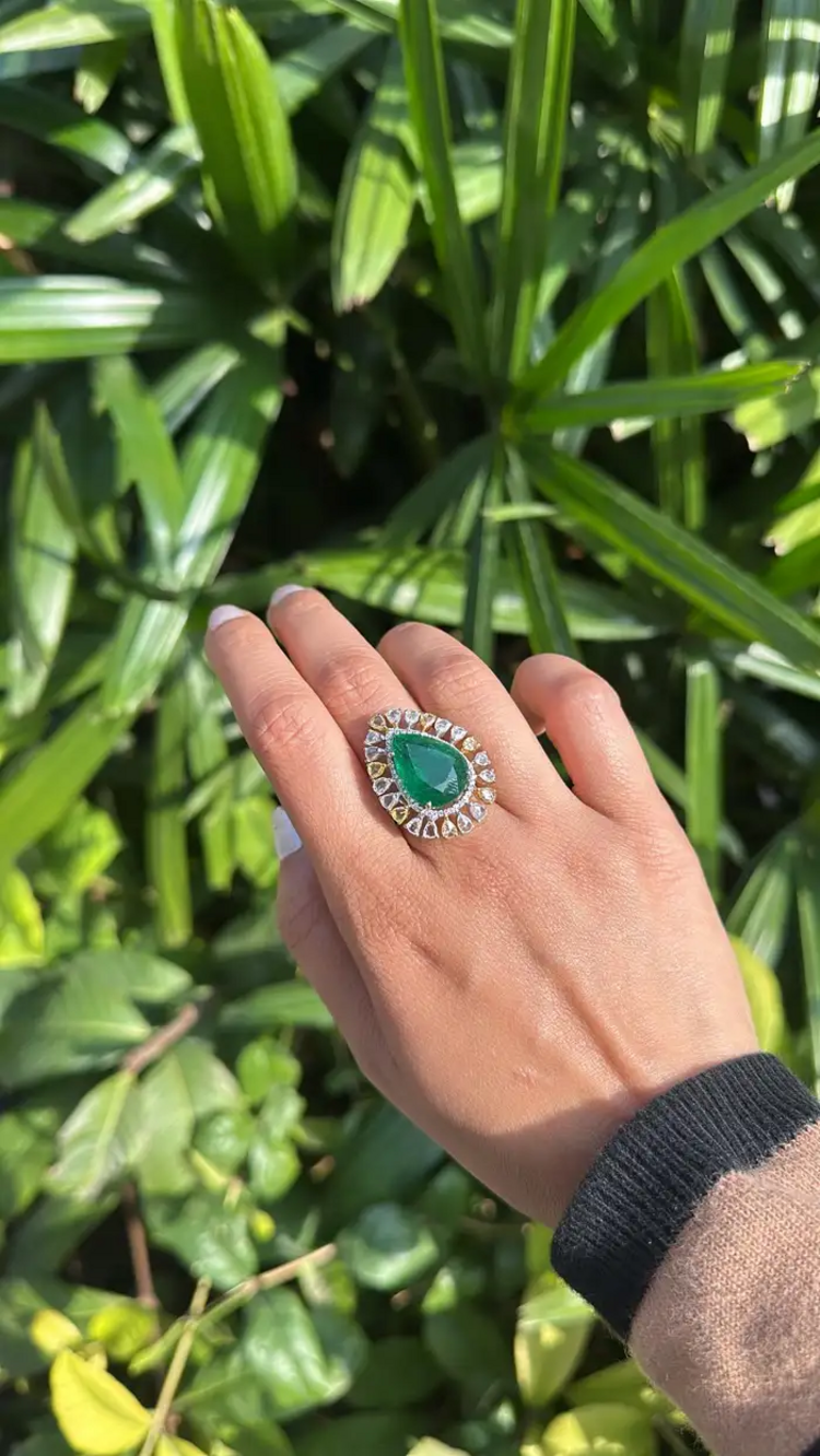 18k Two Tone Gold Ring - Natural Pear Shape Zambian Emerald & Diamond Ring
