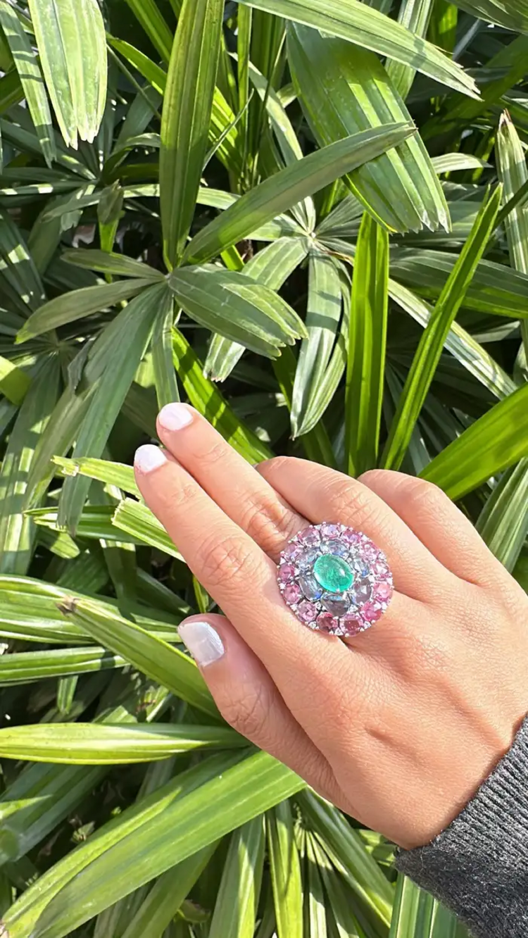 Colombian Emerald & Diamond Cocktail Ring - 18k White Gold Pink & Blue Sapphire Statement Ring