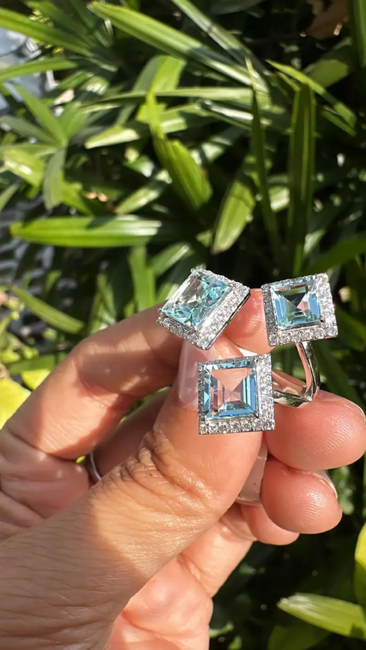 3.80 Ct. Aquamarine Gemstone Three Stone Cocktail Ring - 18k White Gold Diamond Ring