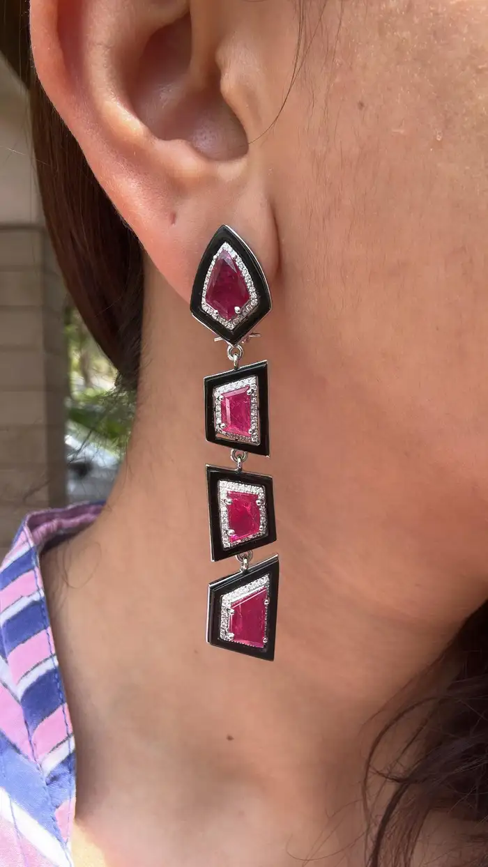 18k White Gold Diamond Dangle Women Earrings - Natural Mozambique Ruby & Black Onyx Statement Earrings