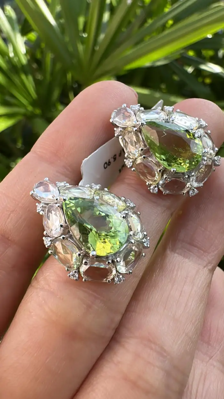 Natural Pear Shape Tourmaline & White Sapphire Stud Earrings - 18k White Gold Diamond Earrings