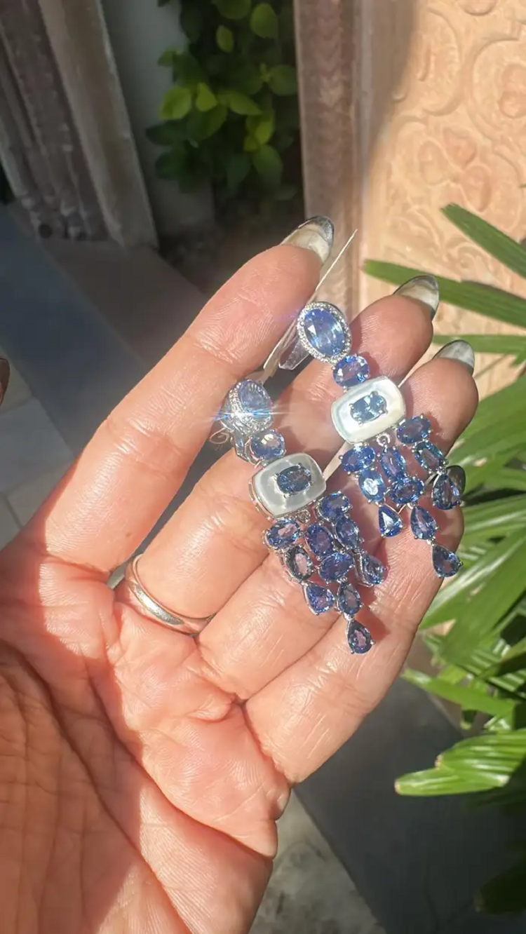 18k White Gold Diamond Handmade Earrings - Natural Blue Sapphire & Mother Of Pearl Chandelier Earrings